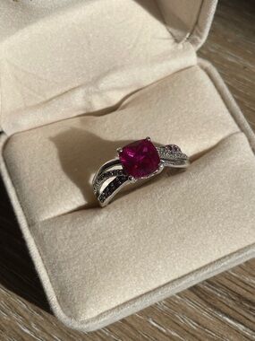 Sterling Silver Cushion-Cut man made Ruby with Real diamonds
